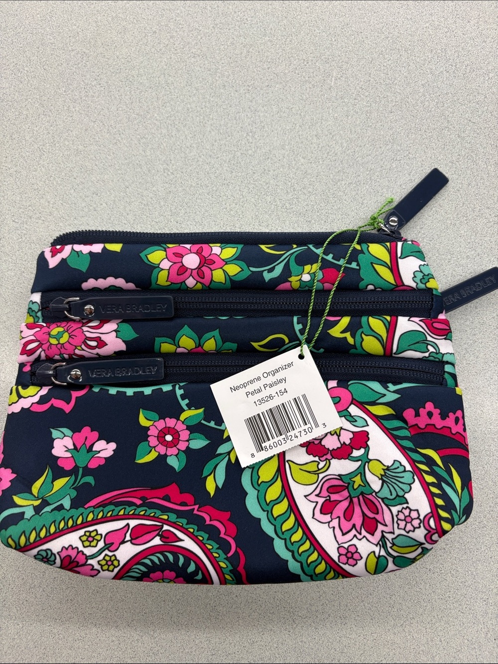 Vera Bradley Navy Petal Paisley Triple-Zip Cosmetic Pouch
